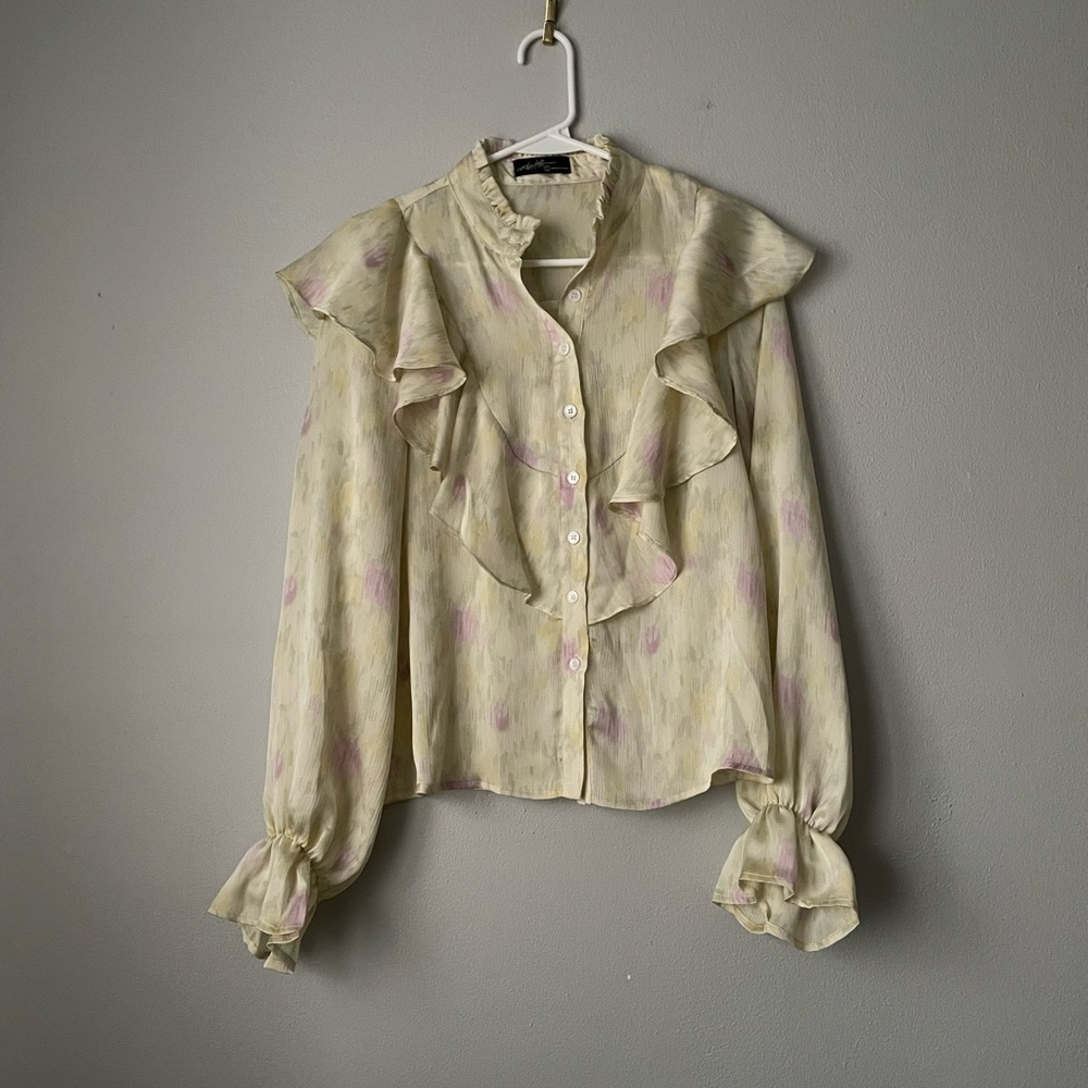 OnTwelfth Women's Yellow Button Down Blouse with Front and Back Ruffle S